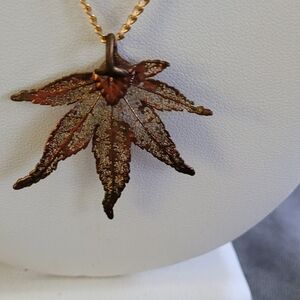 Copper coated Japanese maple leaf pendant, goldtone chain, OR black leather cord